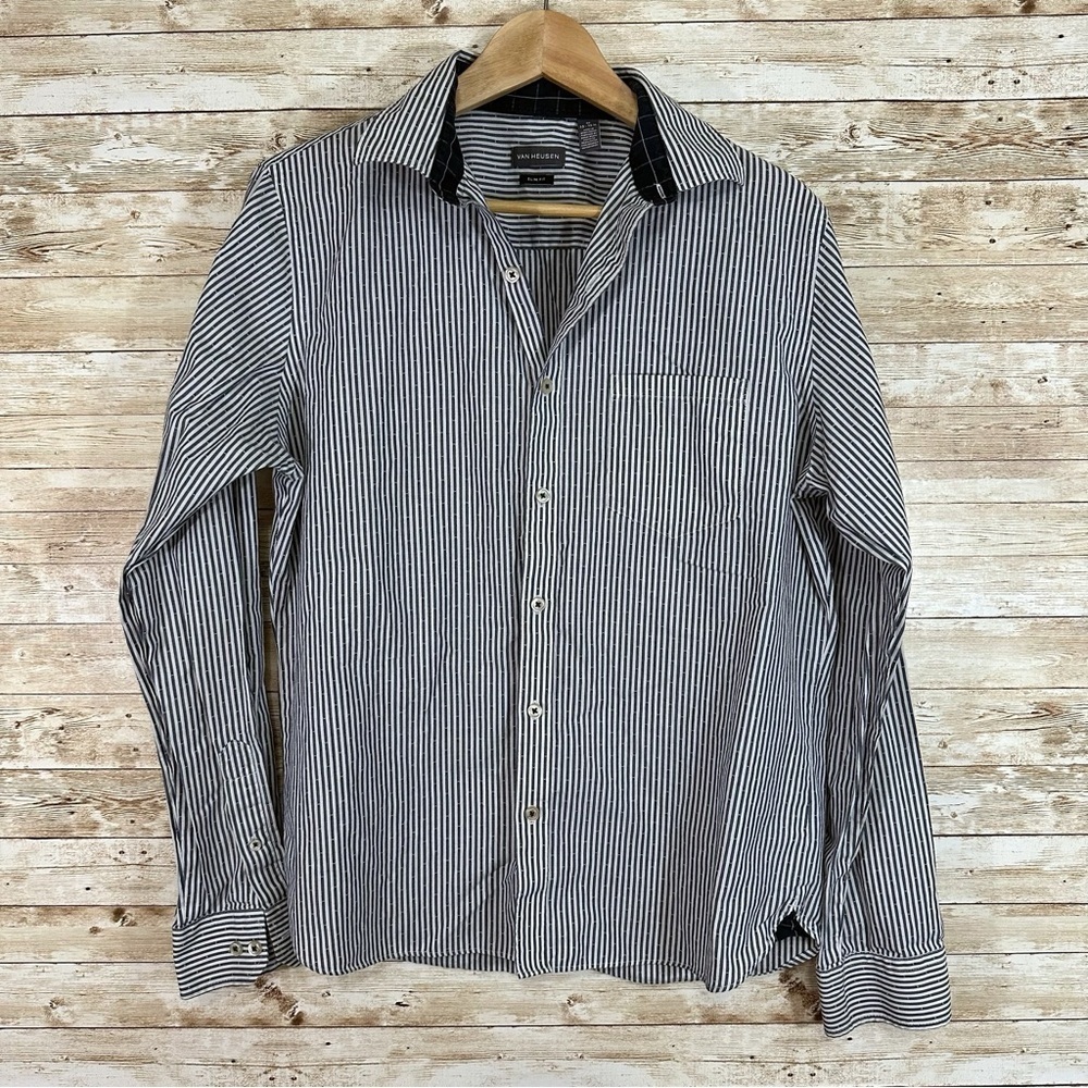 Van Heusen Slim Fit- Blue/White Stripe Button Down Long Sleeve Shirt- M 15-15.5